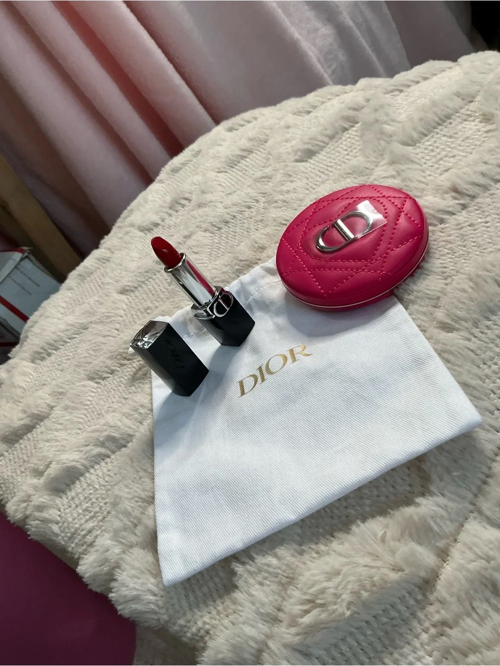 Dior Hot Pink Quilted Compact Mirror with Red Lipstick